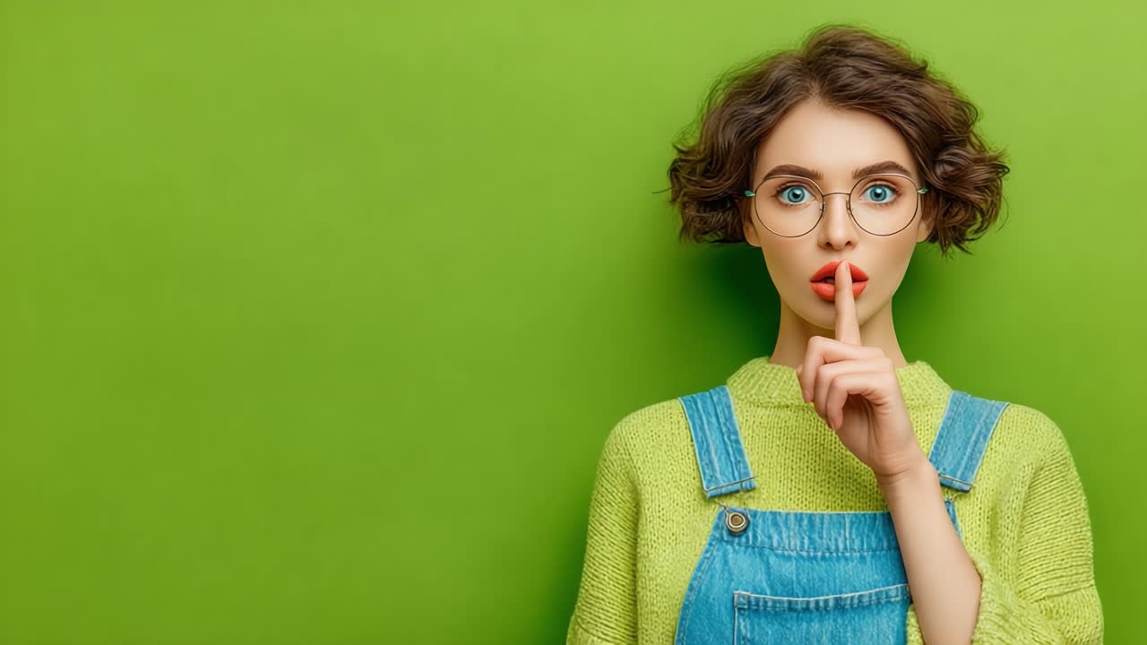 A Young Woman with Curly Hair and Glasses Posing Against a Vibrant Green Background, Making a 'Shh' Gesture with Her Finger to Her Lips, Exuding a Sense of Mystery and Playfulness