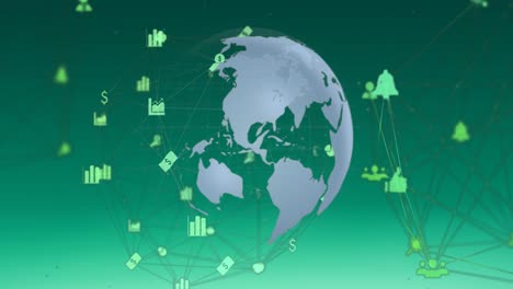 animation of connected icons around globe against abstract background