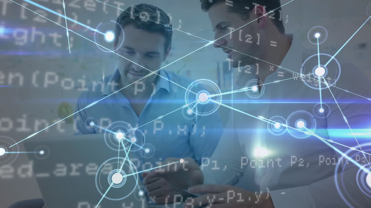 사무실에 있는 두 명의 사업가에 대한 금융 데이터 처리의 애니메이션