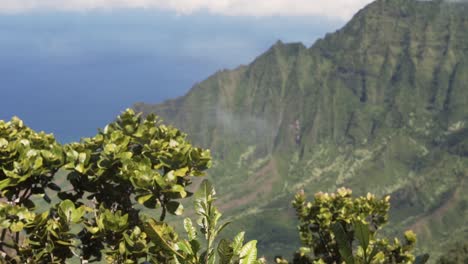 slow motion pan over sunny na pali coastline in hawaii