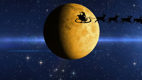 animation of santa claus in sleigh with reindeer over moon and stars