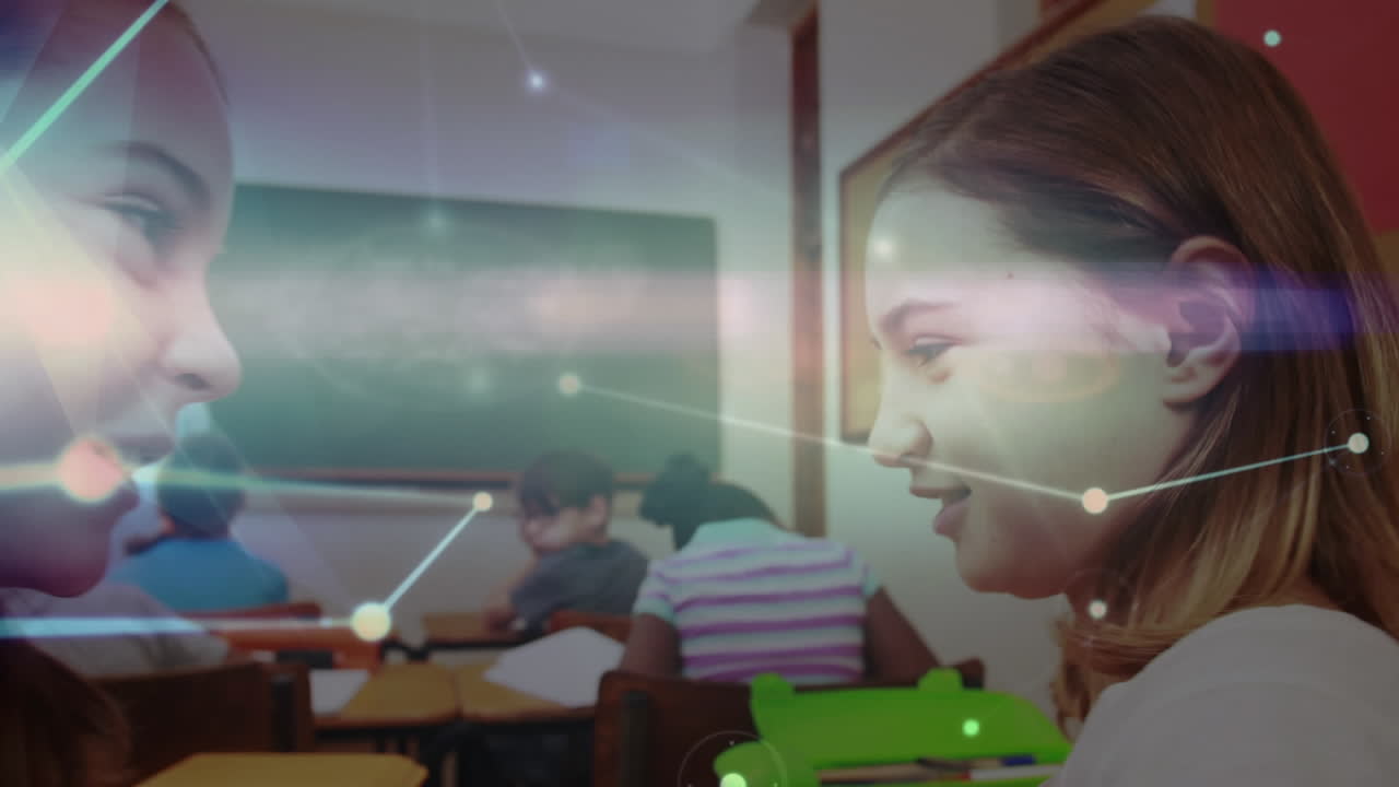 Animation of network of connections over diverse schoolchildren and teacher