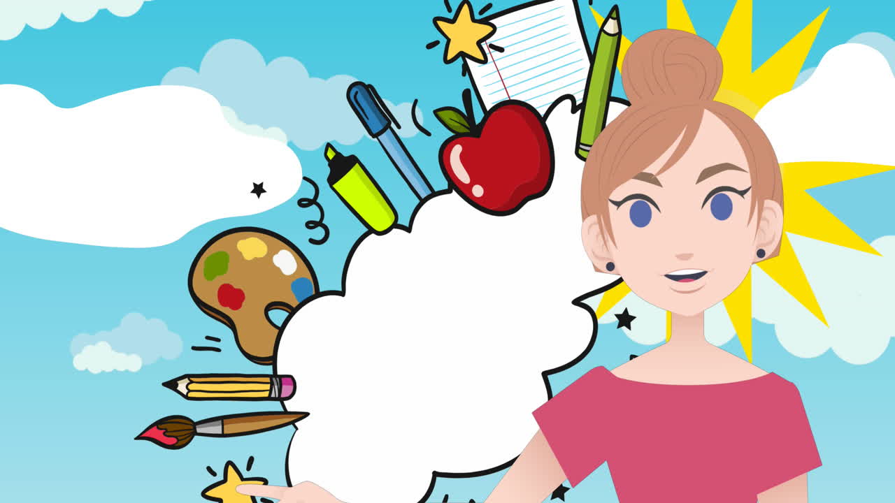 Animazione di una donna che parla con icone scolastiche in sovrimpressione