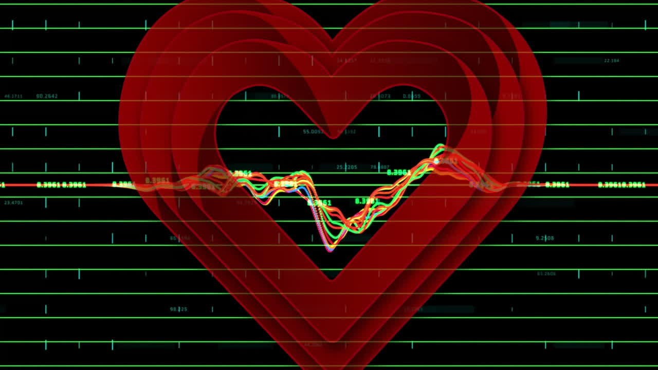 Animation of heart shape with colorful waveforms on digital grid background