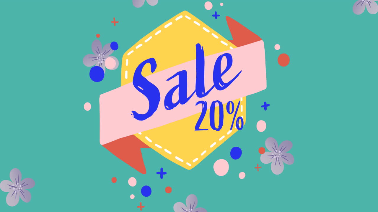 노란색 배너 위의 판매 텍스트와 녹색 배경에 다수의 보라색 꽃에 대한 추상적인 모양