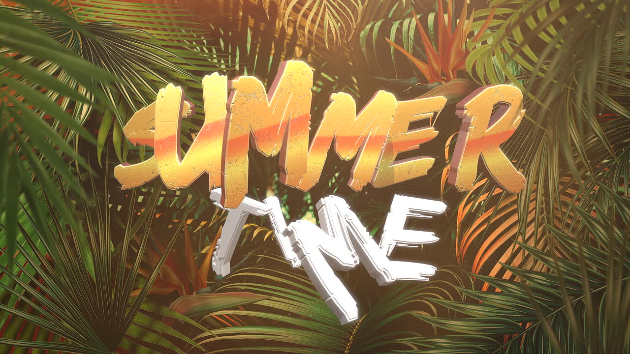 tiempo de texto animado para viajar y cerrar la hoja tropical de los árboles