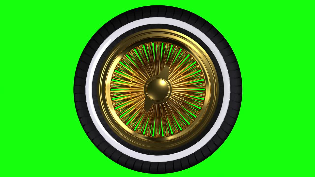 Looping Triple Gold Wire Wheel With Tire Over Green Screen Background