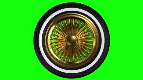 looping triple gold wire wheel with tire over green screen background