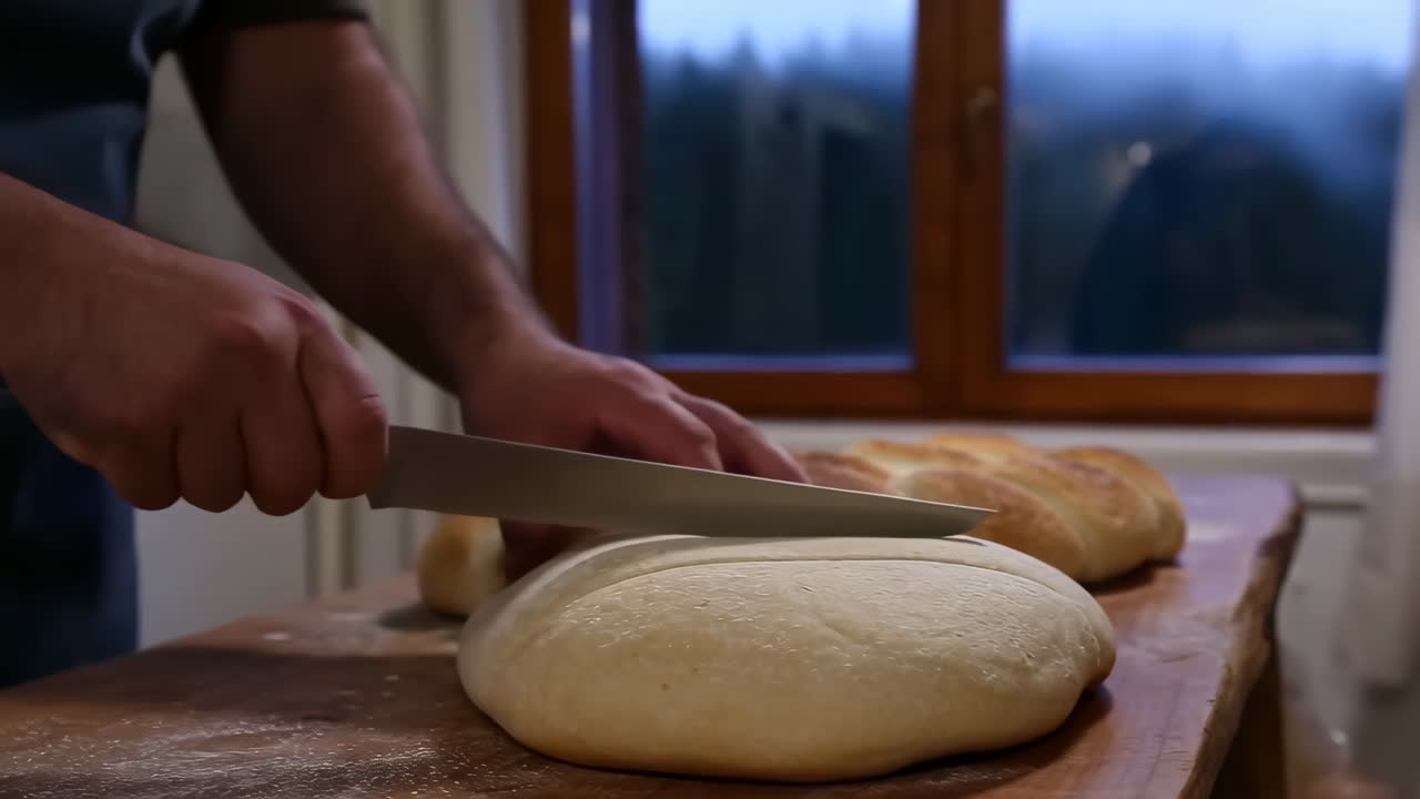 Cutting homemade bread dough