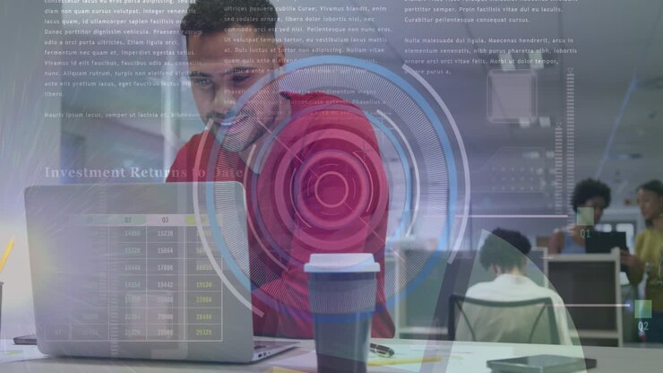 Animation of round scanner and data processing over biracial man using a laptop at office