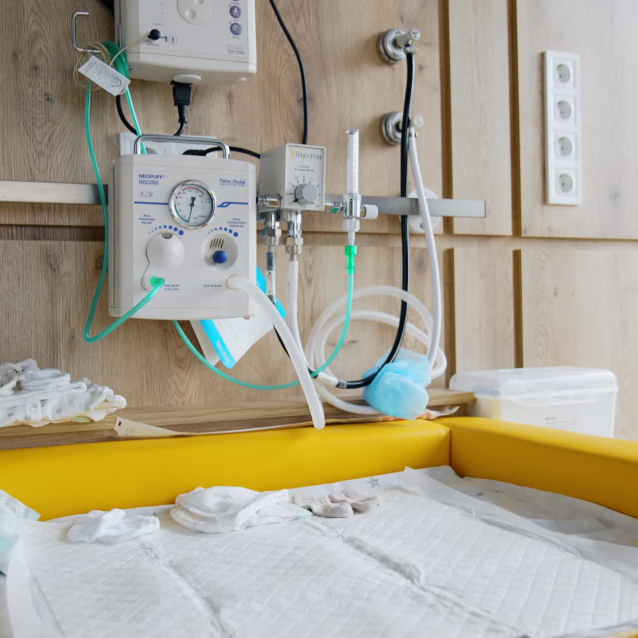 産科病棟における新生児用の蘇生装置。出生後の赤ちゃんをチェックするための革新的なデバイス。
