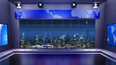 3d virtual news studio with night city background and floodlights loop