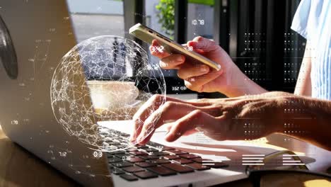 Animation-of-globe-of-network-of-connections-over-woman-using-smartphone-and-computer