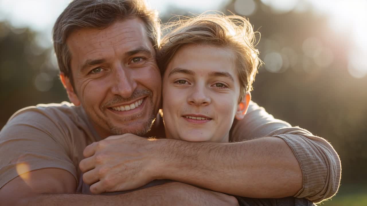 Padre si avvicina da dietro e abbraccia il figlio al parco, mostrando affetto, con una maglia beige, in controluce.
