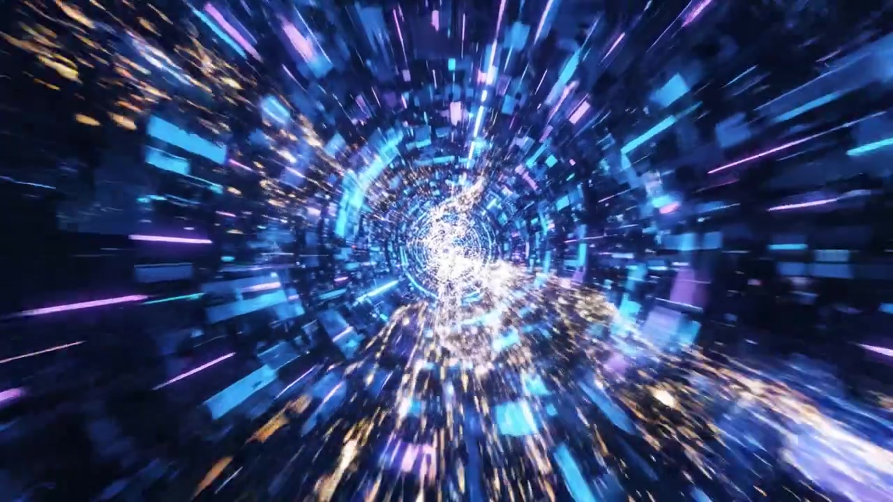 Una Splendida Rappresentazione Visiva di un Vortice Spazio-Temporale Dinamico, che Mostra Colori Vibranti Blu e Rosa, Luci e Movimento, Trasmettendo un Senso di Velocità ed Energia in un Universo Digitale.