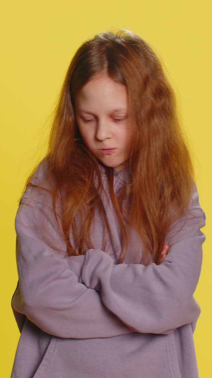 Offended child girl having misunderstanding frustrated after quarrel ignores communication talk