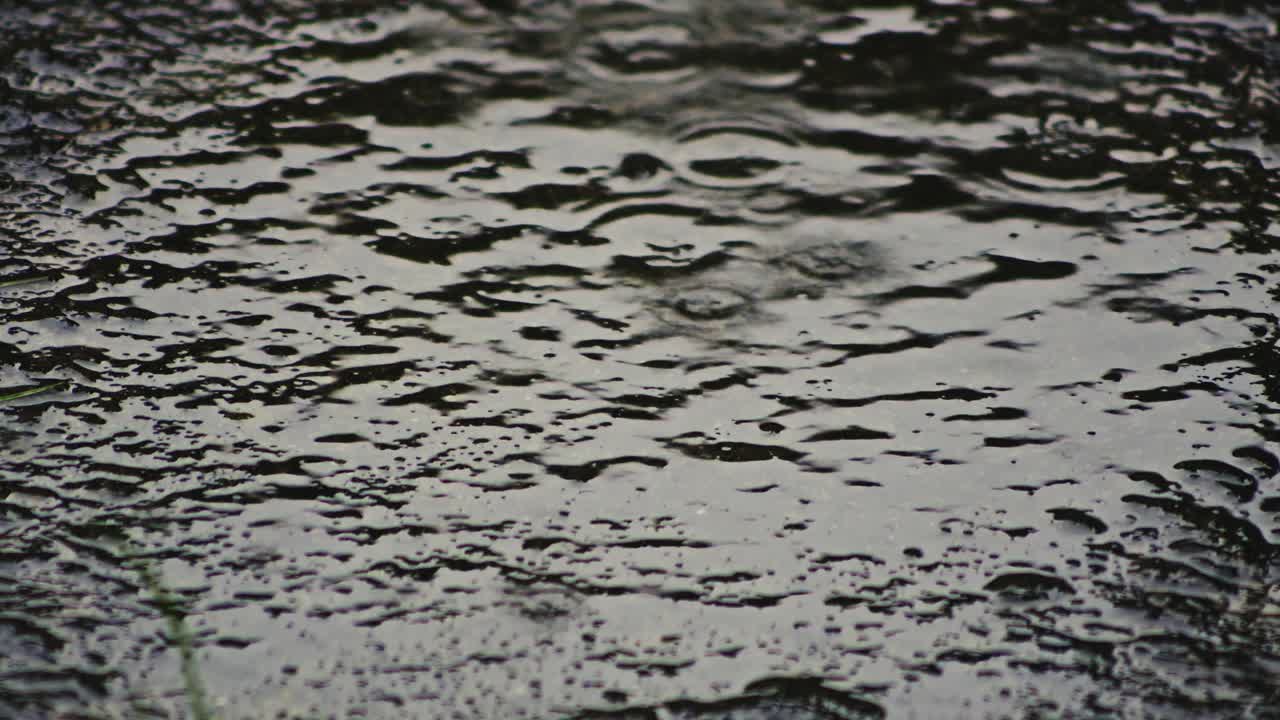 Raindrops calming splashing impact on texture surface puddle SLOW MO