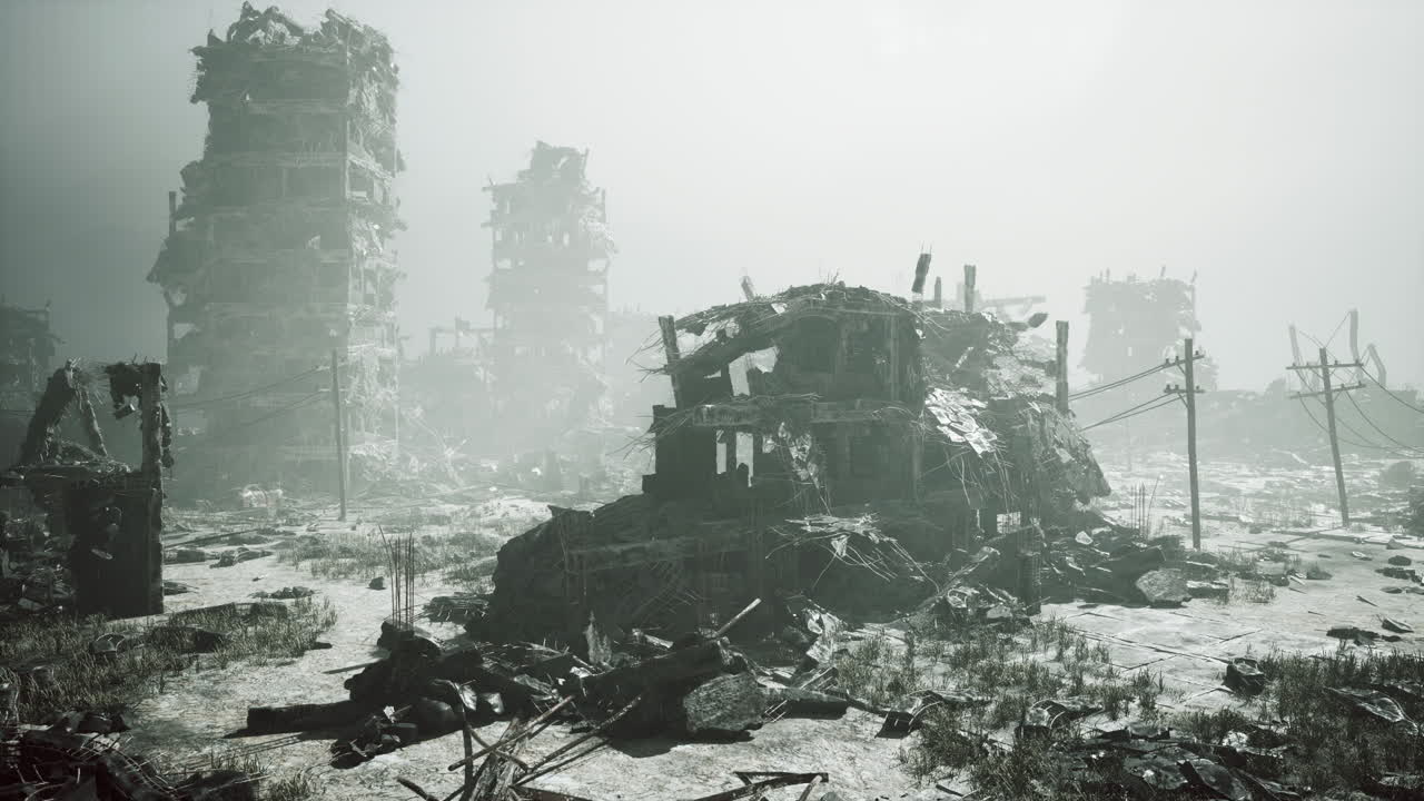 Distruzione in città dopo un'azione militare che ha lasciato gli edifici in rovina