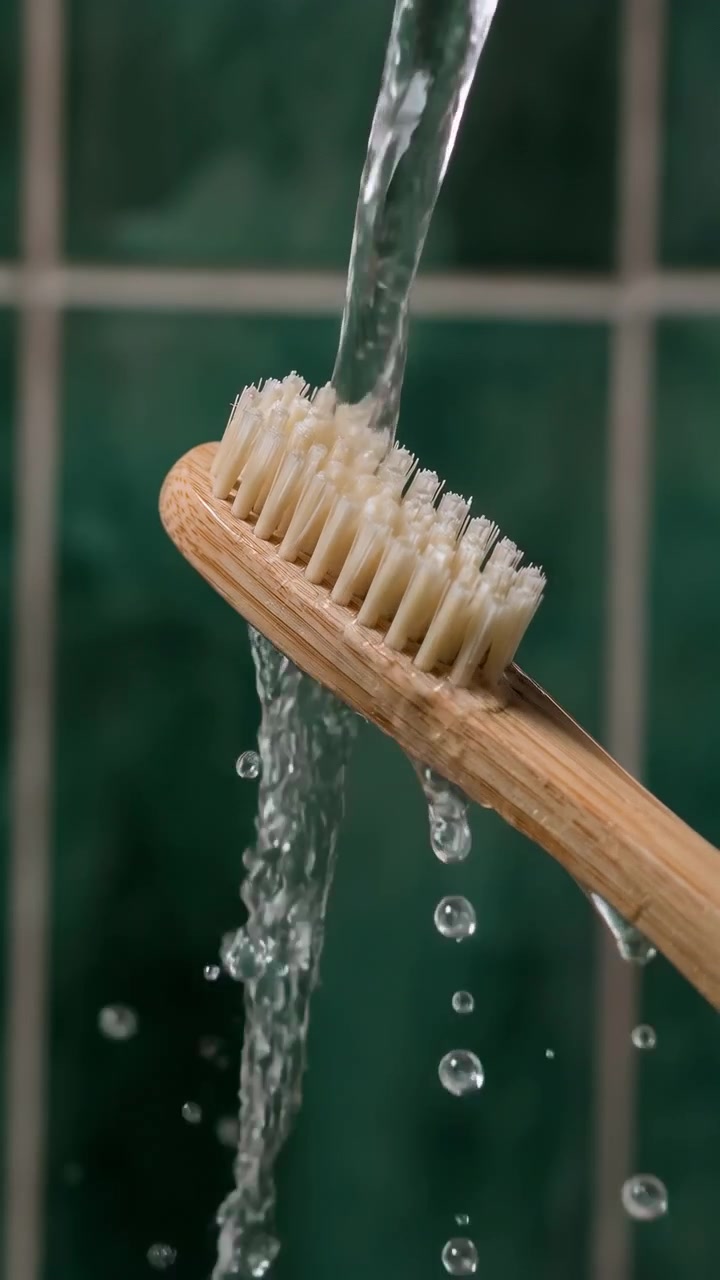Cena em close-up em movimento mostrando a cabeça de uma escova de dentes de bambu leve angulada sob um fluxo de água vertical claro, com impactos criando salpicos, gotas suspensas, cerdas molhadas e azulejos de banheiro verdes suaves.