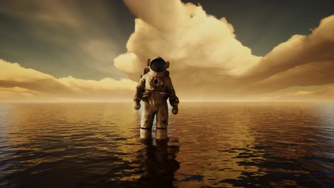 spaceman in the sea under clouds at sunset