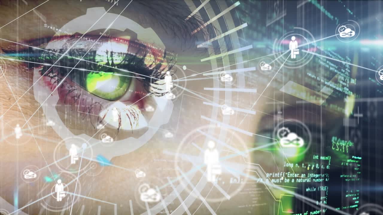 Animazione di icone connesse su linguaggio informatico su sfondo di occhi tagliati di donna caucasica