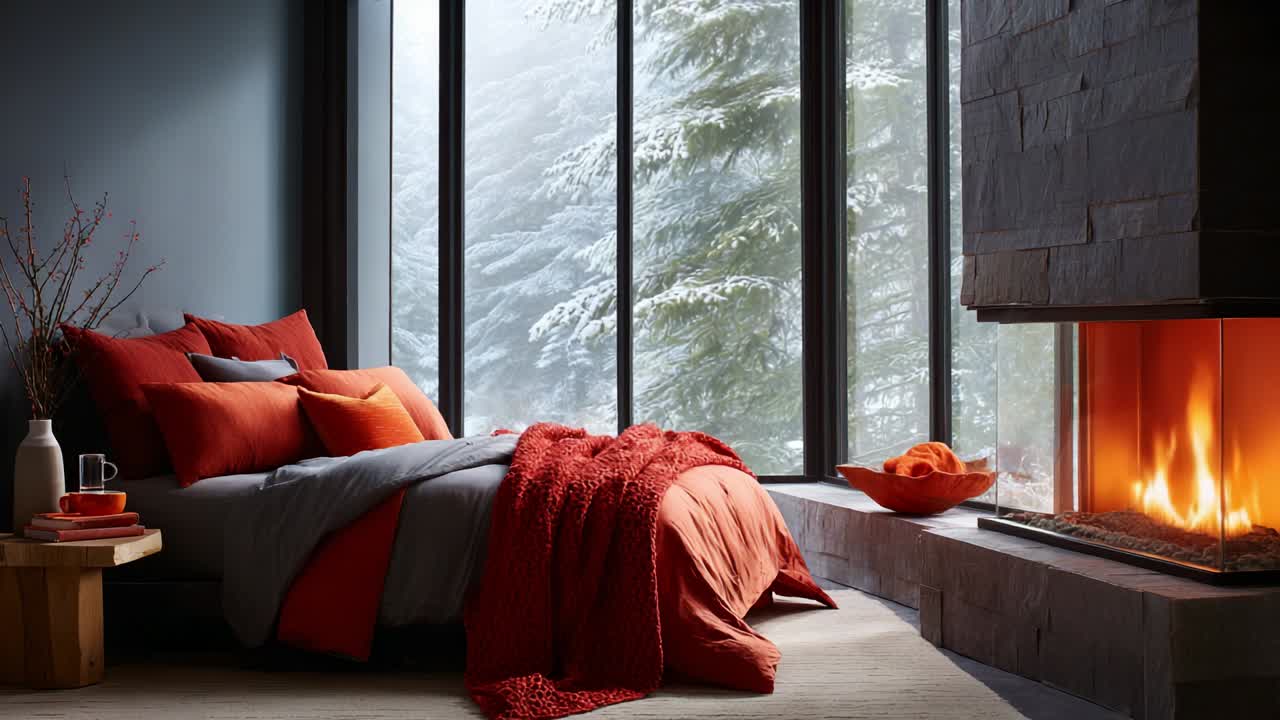 A Cozy Winter Retreat Featuring a Stylish Bedroom with Luxurious Red Accents, a Warm Fireplace, and Scenic Views of Snow-Covered Trees, Perfect for Relaxation and Comfort in Chillier Months