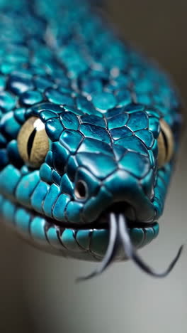 close-up of a blue viper with flickering tongue