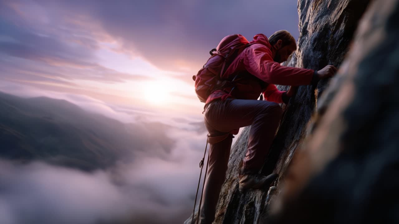 A Dedicated Climber Ascends a Majestic Mountain Cliff at Dawn, Overlooking a Sea of Clouds and Capturing the Essence of Adventure and Determination