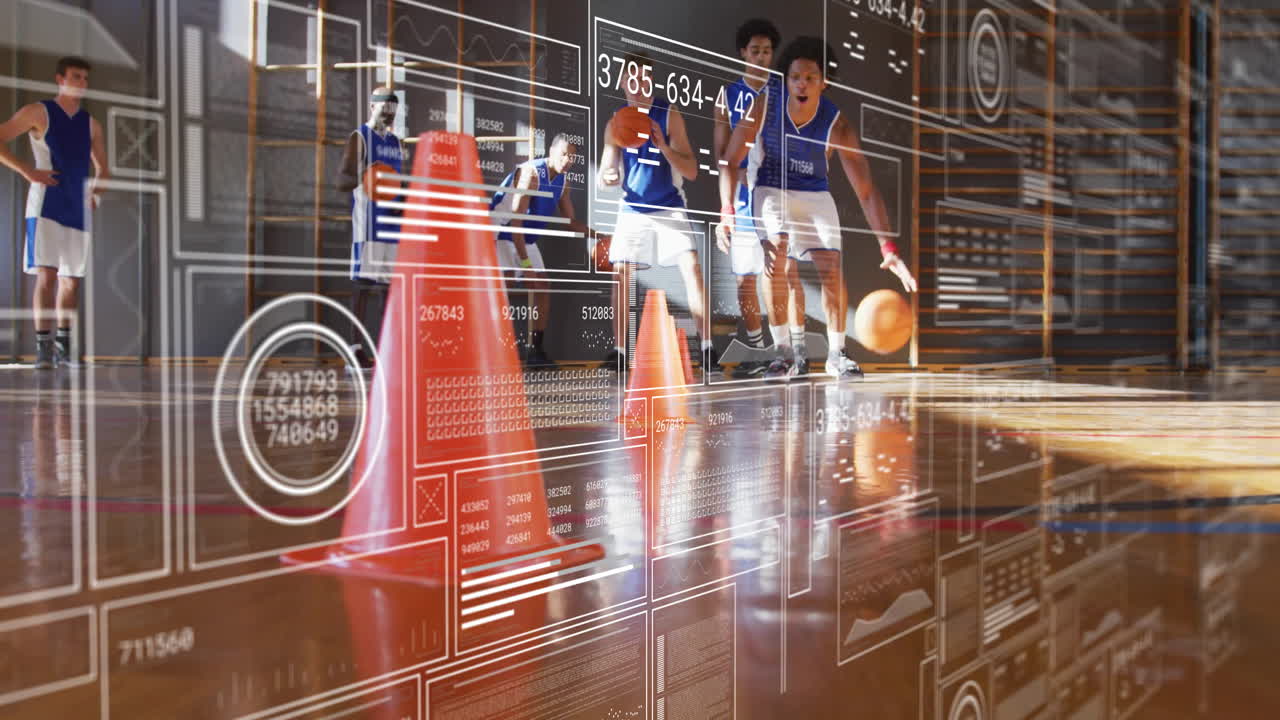 Dribbling basketball, players over animation of digital data and analytics on court