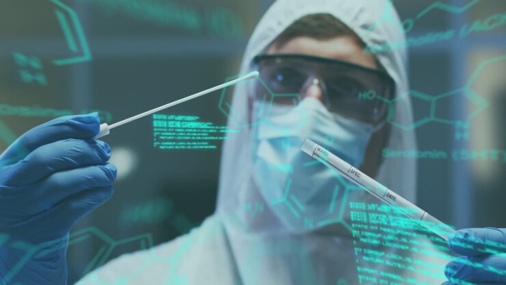 Animation of medical data processing over caucasian man in face mask and ppe suit holding swabs