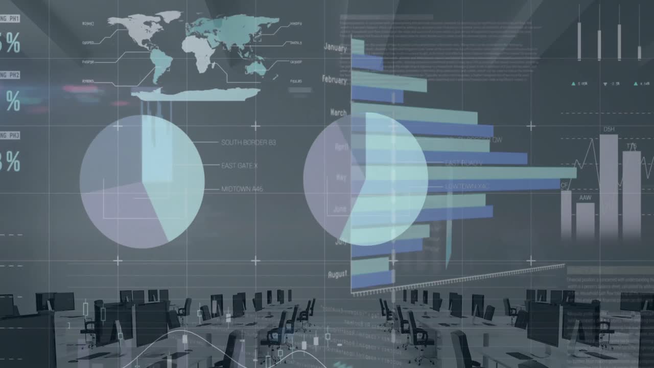 Animation of statistical data processing over grid network against empty office