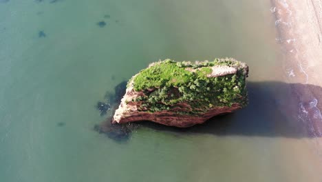 Hermosa-Y-Exuberante-Vegetación-Pura-Cubre-El-Majestuoso-Pilar-De-Roca-En-La-Costa-De-La-Tranquila-Bahía-De-Ladram