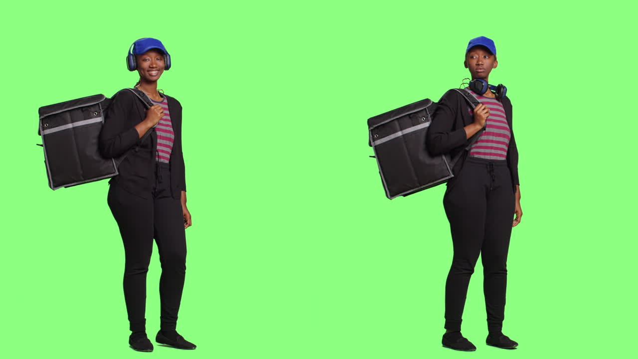 Delivery woman with food delivery bag and headphones