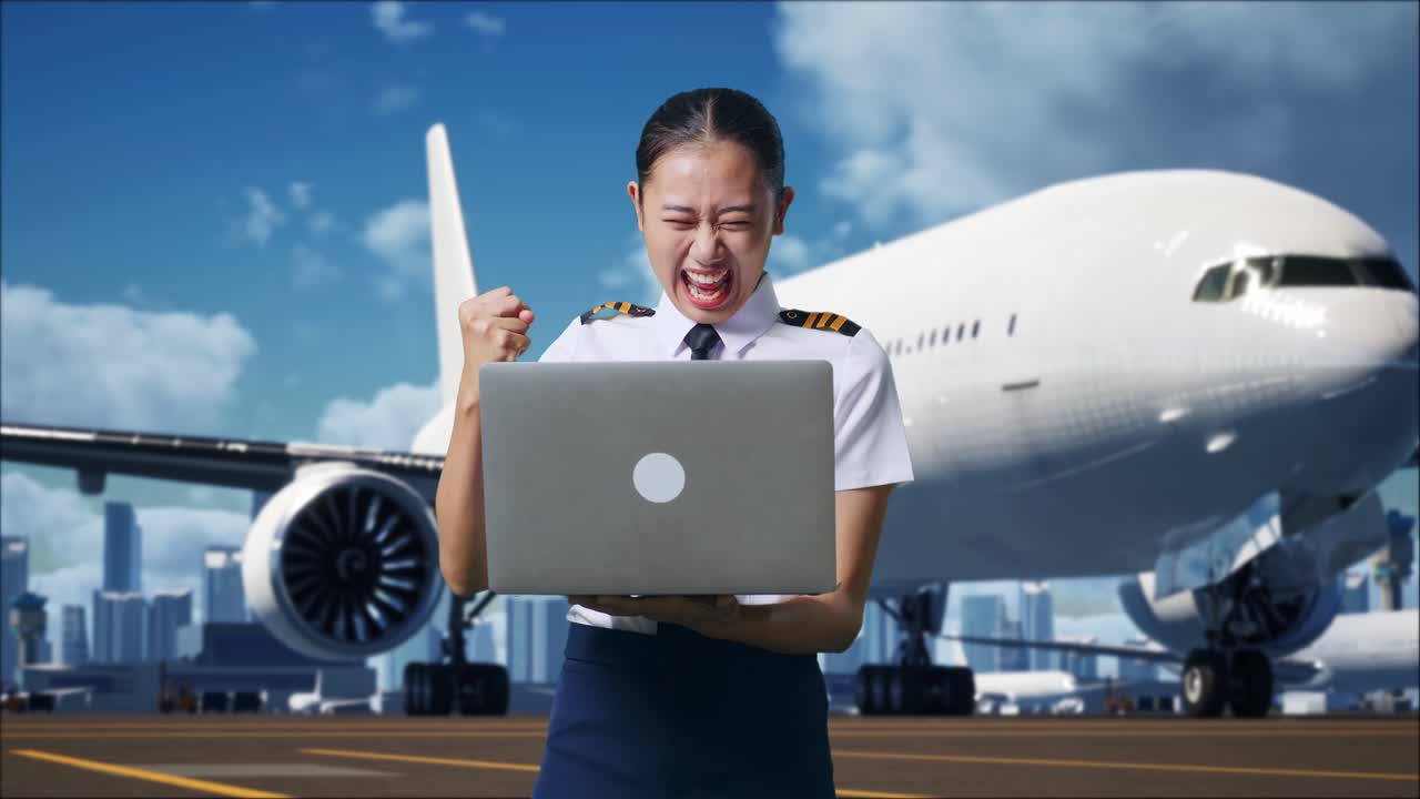 아시아 여성 조종사가 노트북을 보고 비명을 지르며 골을 축하하고 공항에 서서 배경에 비행기를 가지고 있습니다.