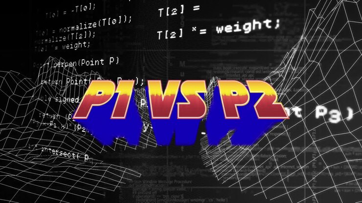 Animazione di P1 contro P2 su elaborazione dati e paesaggio del metaverso su sfondo nero