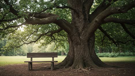 serene park scene featuring a sturdy bench nestled beneath a majestic tree with expansive branches and lush greenery surrounding the tranquil setting