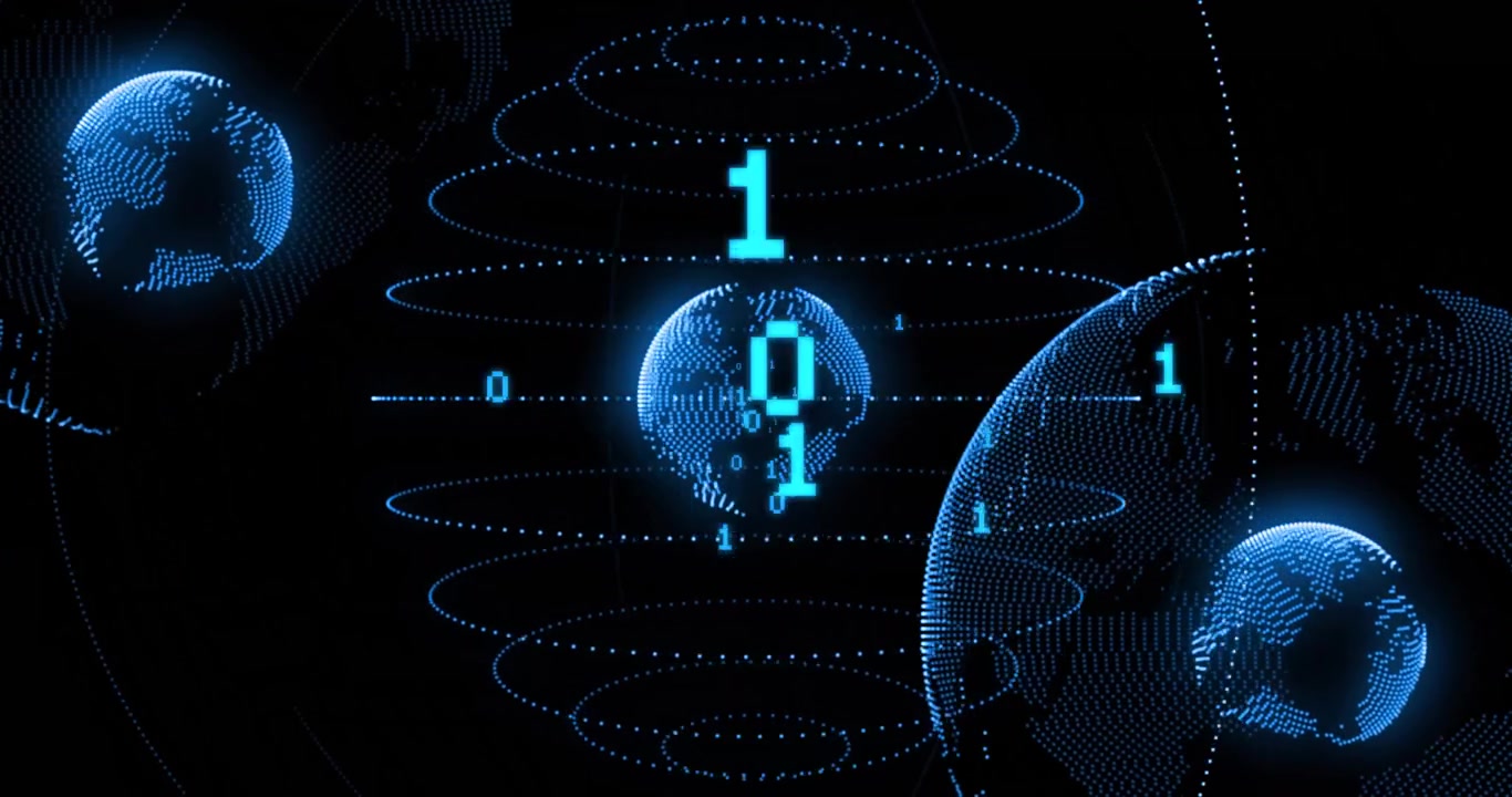 After pulsing rings, inner globe rotating, binary digits sliding, outer globe drifting showing data