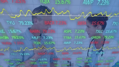 Animation-of-stock-market-over-female-doctor-with-patient