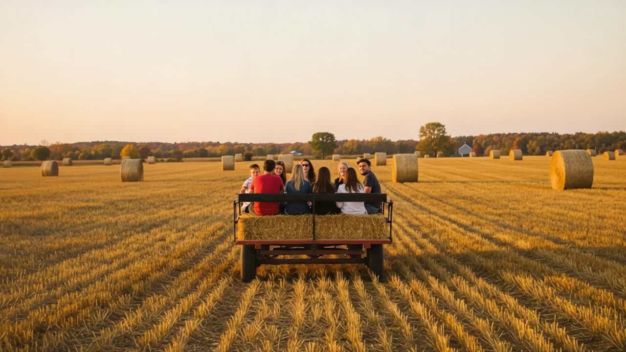 Friends enjoying a hayride through a golden field with hay bales at sunset