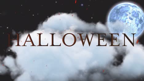 animación del texto de halloween sobre la luna y las nubes en el cielo