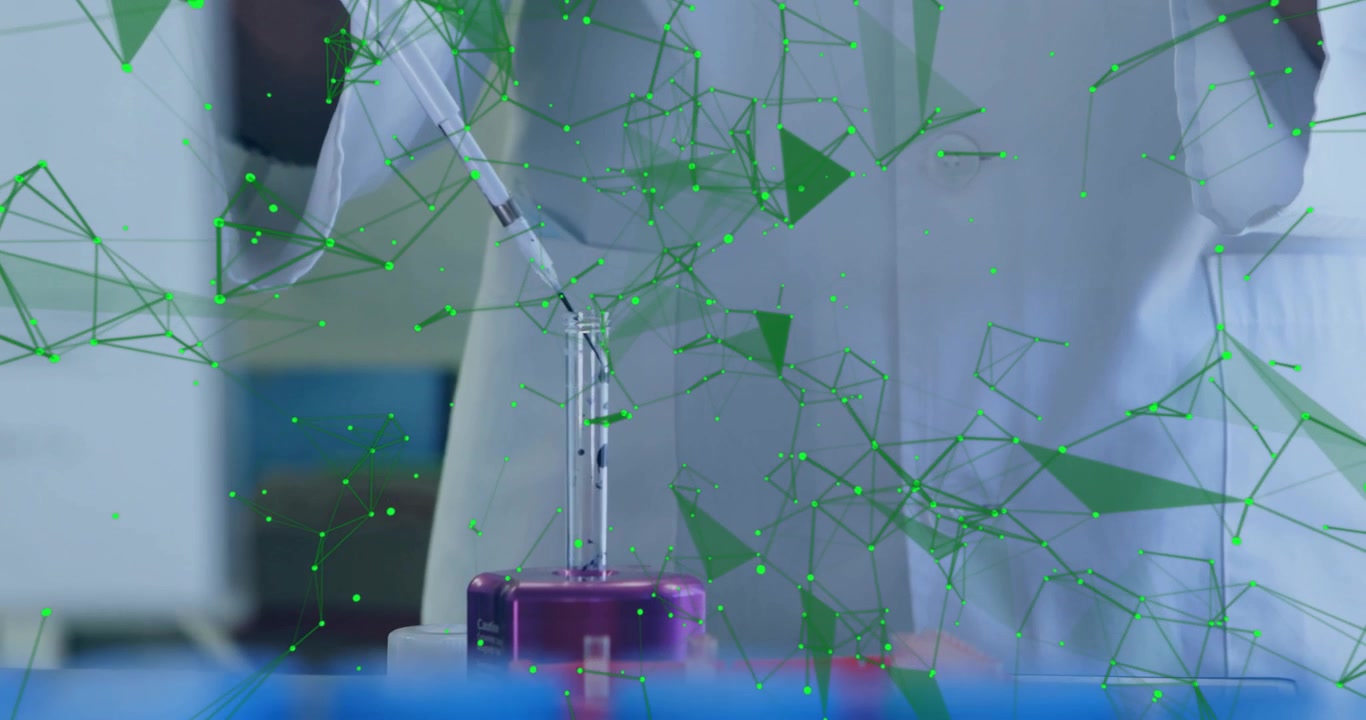 Animation of glowing light trails over male scientist in laboratory