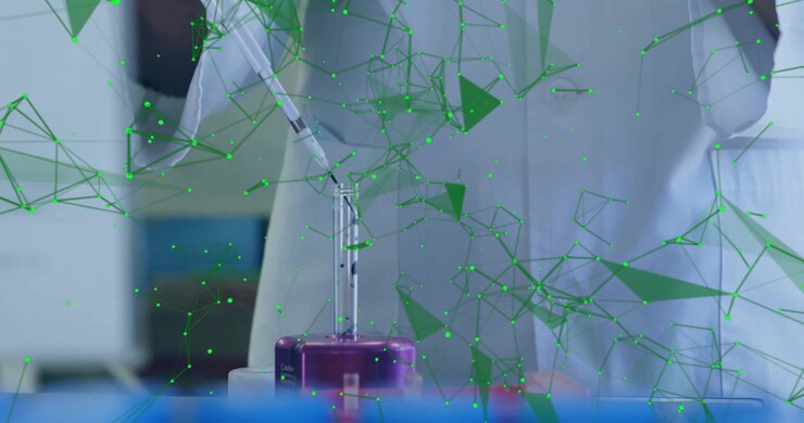 Animation of glowing light trails over male scientist in laboratory