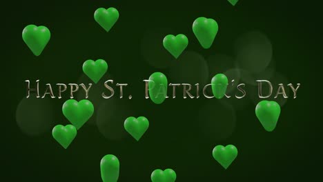 animation of st patrick's day text and green hearts on green background