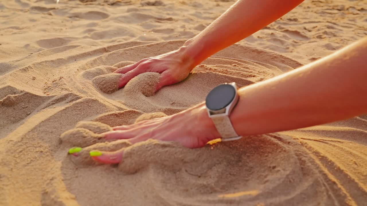Golden light touches Baltic beach as woman’s hands draw shapes in warm sand
