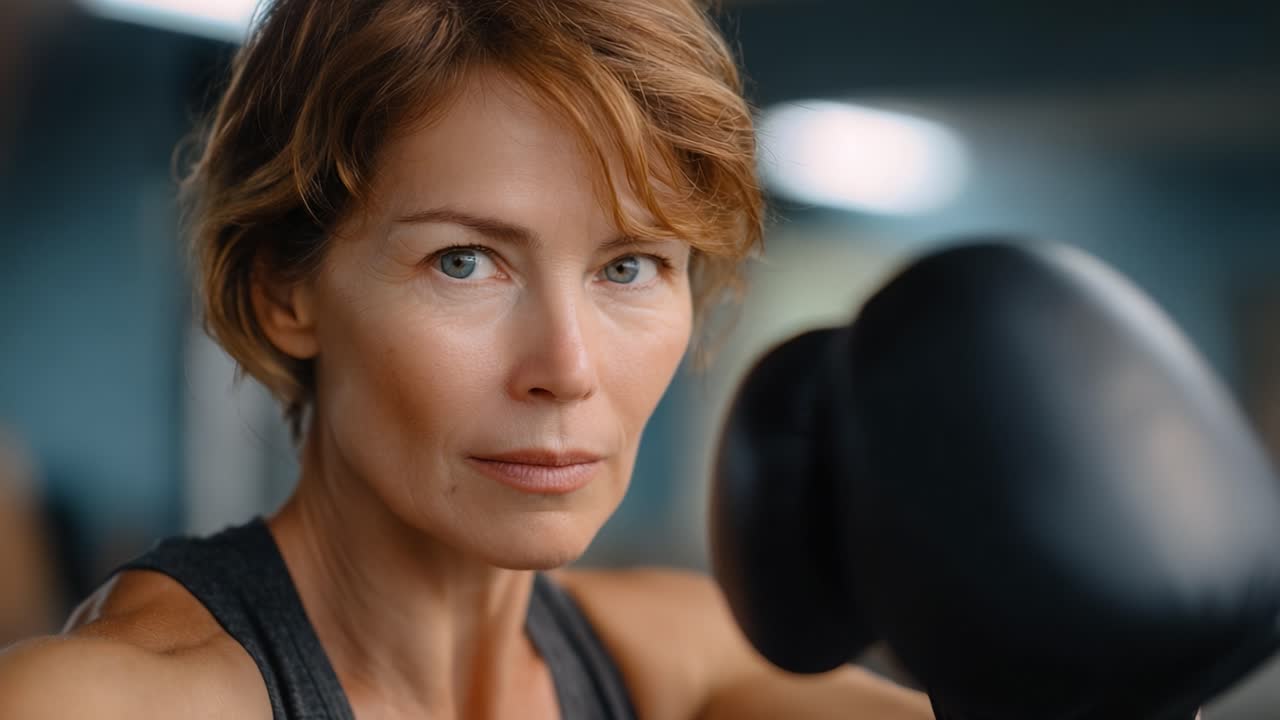 Una donna determinata con guanti da boxe si concentra intensamente, mostrando forza e resilienza in un ambiente fitness circondata da attrezzature per l'allenamento e motivazione