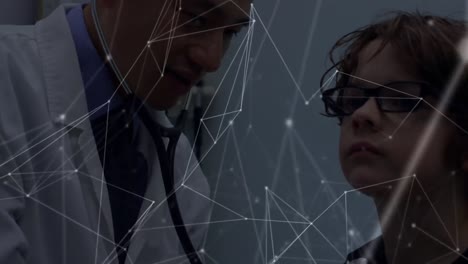 Animation-of-network-of-connections-over-asian-male-doctor-with-patient