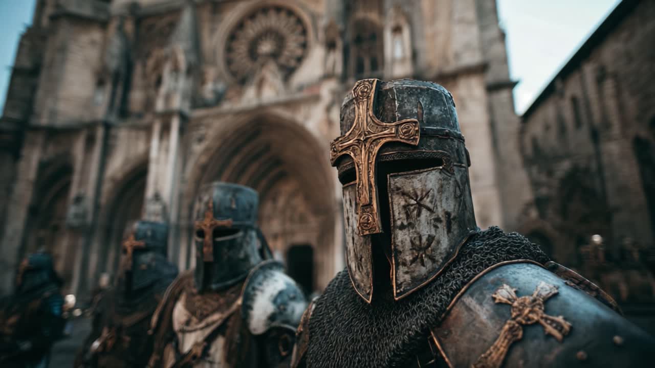 Görkemli Bir Gotik Katedralin Önünde Şövalyelerin Dramatik Karşılaşması, Alacakaranlık Gökyüzünün Altında Detaylı Zırhlarını ve Tarihi Silahlarını Sergiliyor.