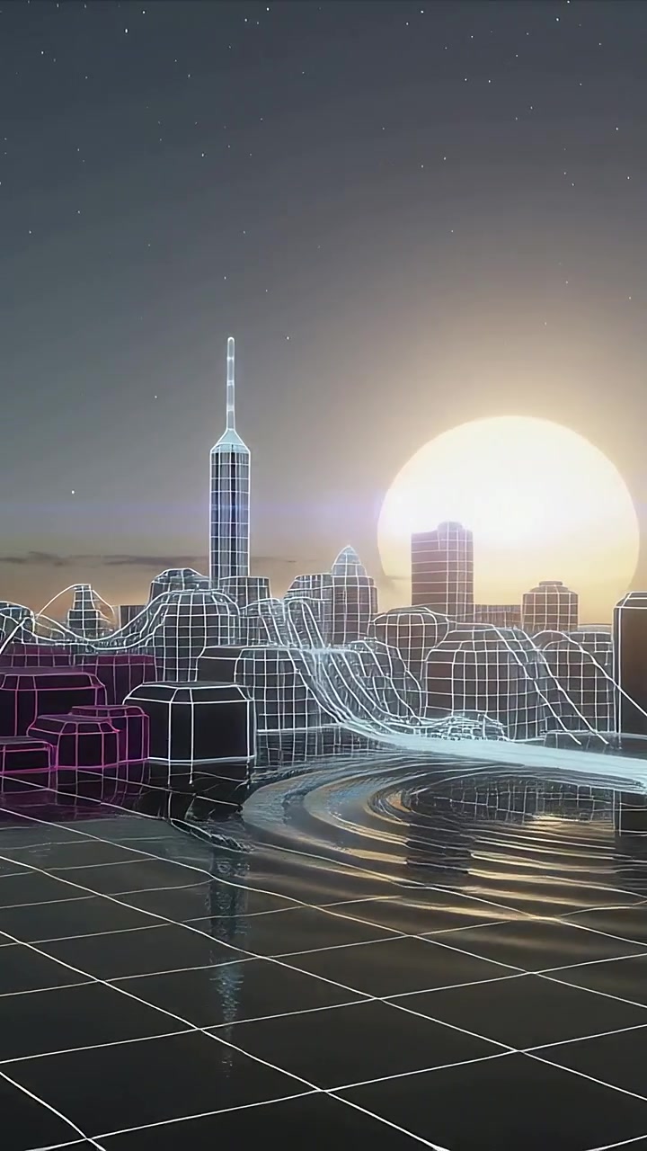 Vertical video: Reacting to sunlight, neon city on grid sending bright point along ribbons to spire