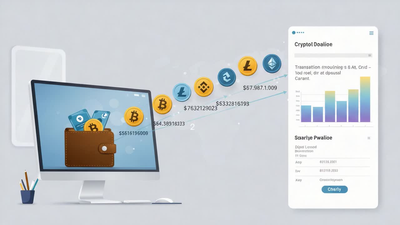 A Detailed Visualization of Cryptocurrency Transactions with a Digital Wallet Displaying Various Coins, Graphs, and Financial Data Analytics Across a Computer Screen