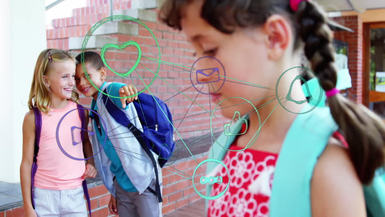 Children with backpacks in school engaging, animation of social media icons appearing